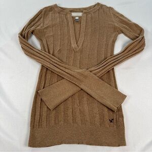Vintage Y2K American Eagle Brown Deep V Neck Henley Shirt Womens Large Ribbed